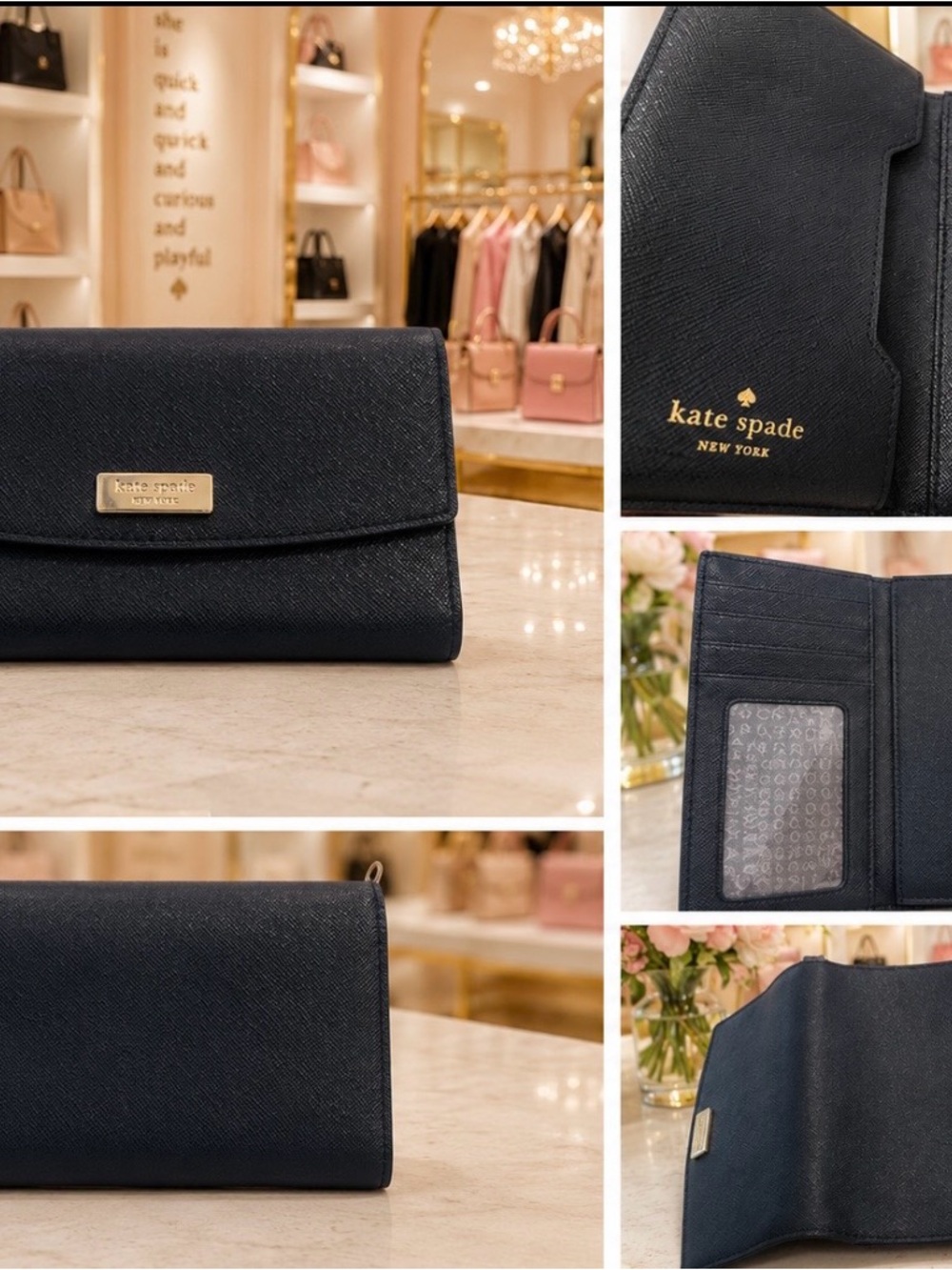 kate spade Black Saffiano Leather Trifold Continental Wallet with Gold Logo